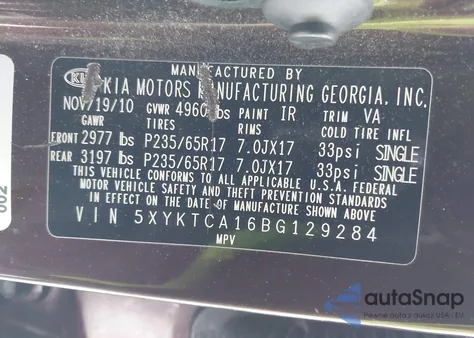 2011 Kia Sorento Lx from USA, damaged, VIN 5XYKTCA16BG129284